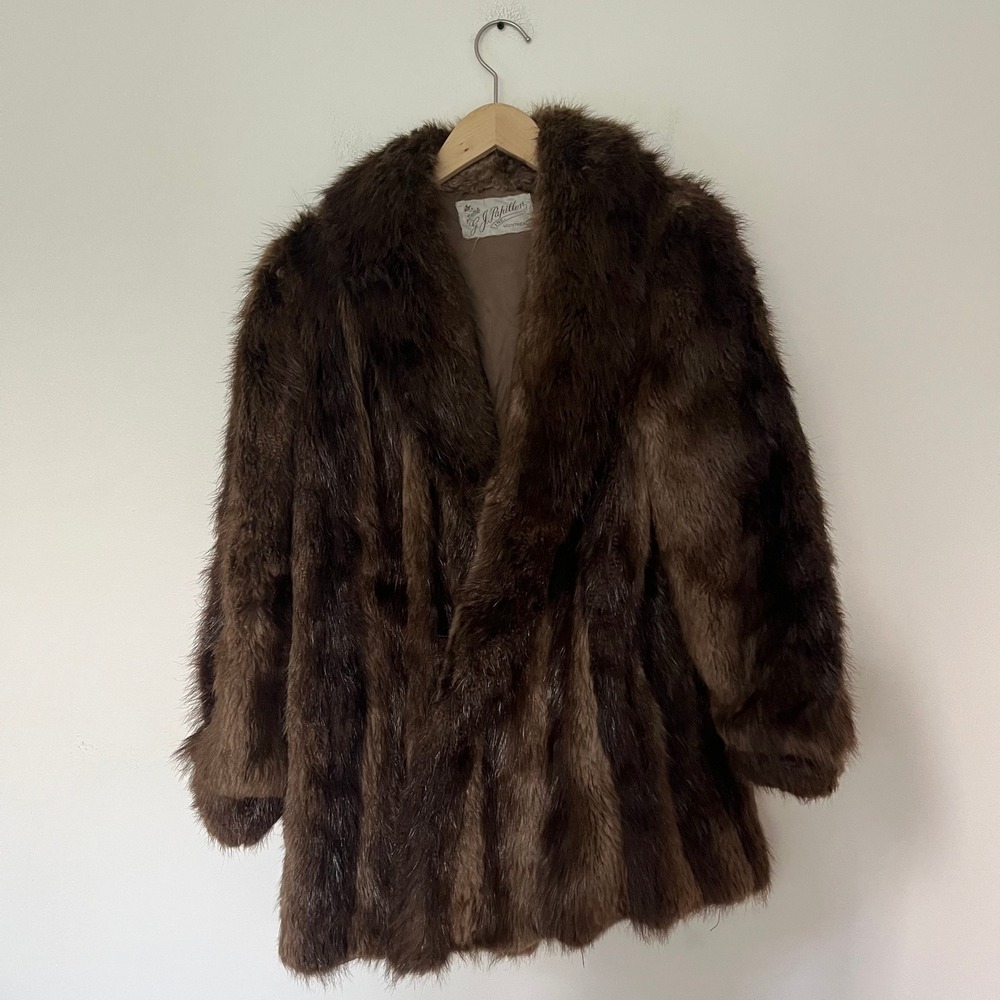 Vintage GJ Papillon Montreal Faux Fur Coat Brown Striped Mid Length Shawl Collar